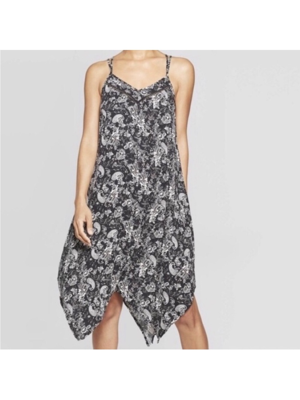 Knox Rose Black & White Paisley Asymmetrical drawstring Boho Dress XXL